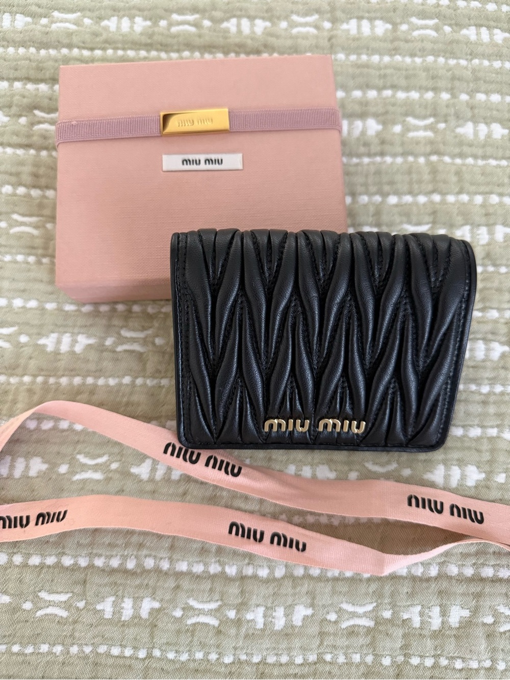 Miu Miu Black Quilted Matelassé Leather Wallet with Gold Logo